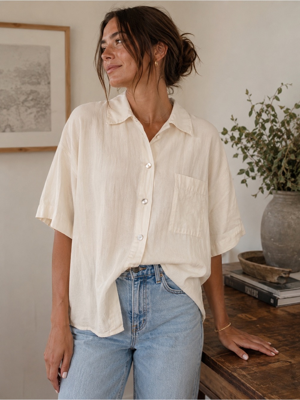 bryn Walker Cream Relaxed Button-Down Short Sleeve Shirt